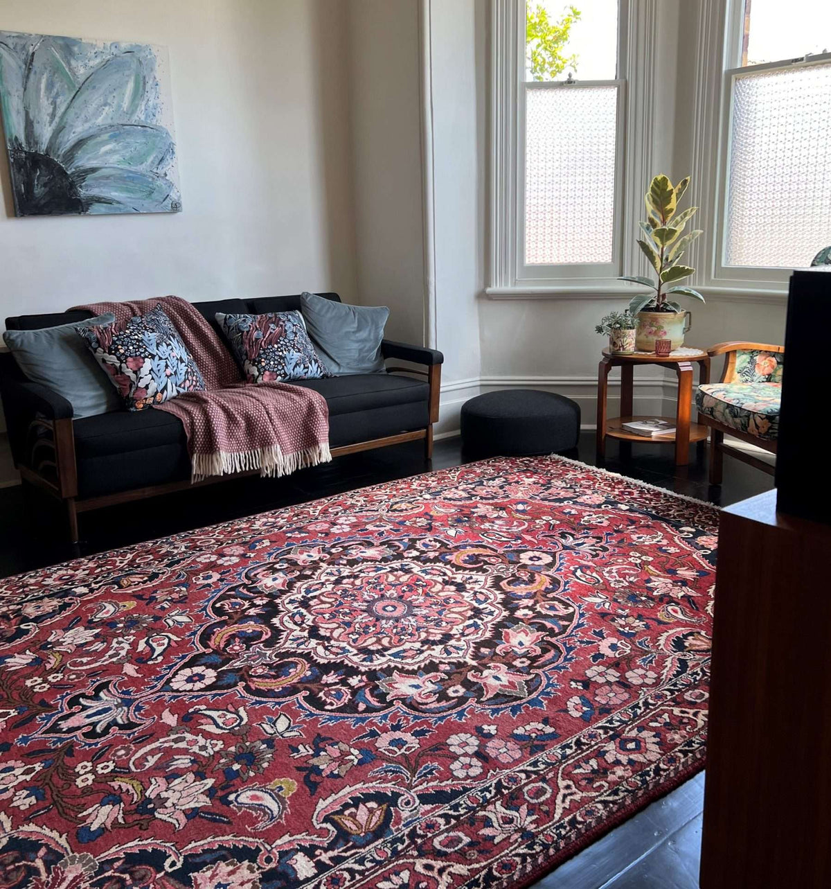 Handmade rug styled for a warm winter interior